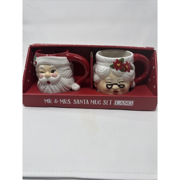 LANG Other - Lang 3D Winking Santa Mr. Mrs. Claus Handpainted Mug Set NEW